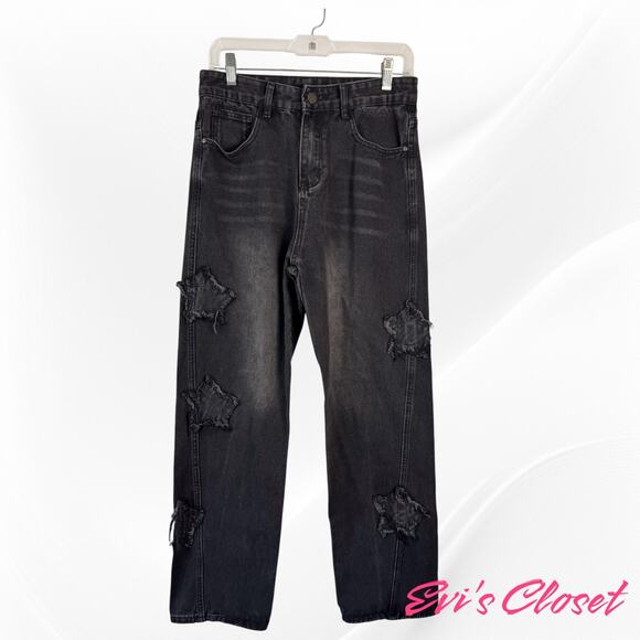 Jeans Pants Punk Black Wash Women's Denim Straight Leg Star Appliques M (30) - Picture 1 of 8